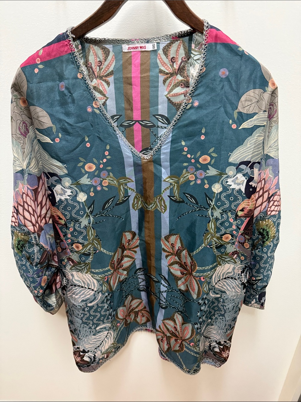 Johnny Was Teal Floral Boho V-Neck Blouse with Pink Accents
